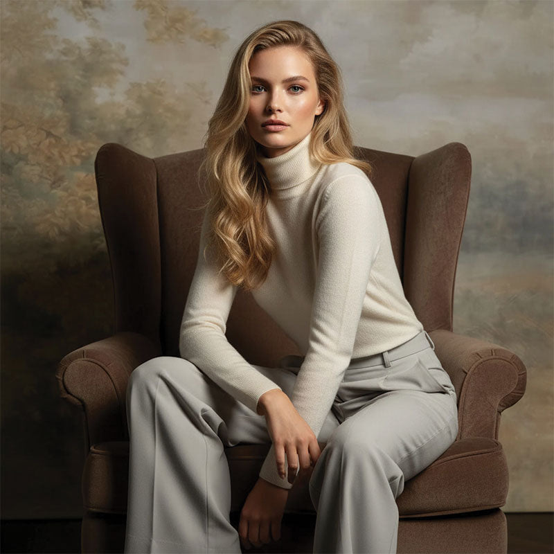 Blonde woman in a cream turtleneck and gray pants sits slightly angled in a brown armchair with a calm expression against an earthy beige hand painted portrait backdrop.