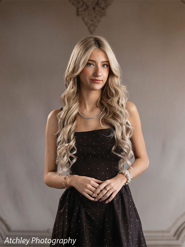 Elegant French panel wall photography backdrop shown with a senior girl in a black dress standing with hands clasped CP-8744