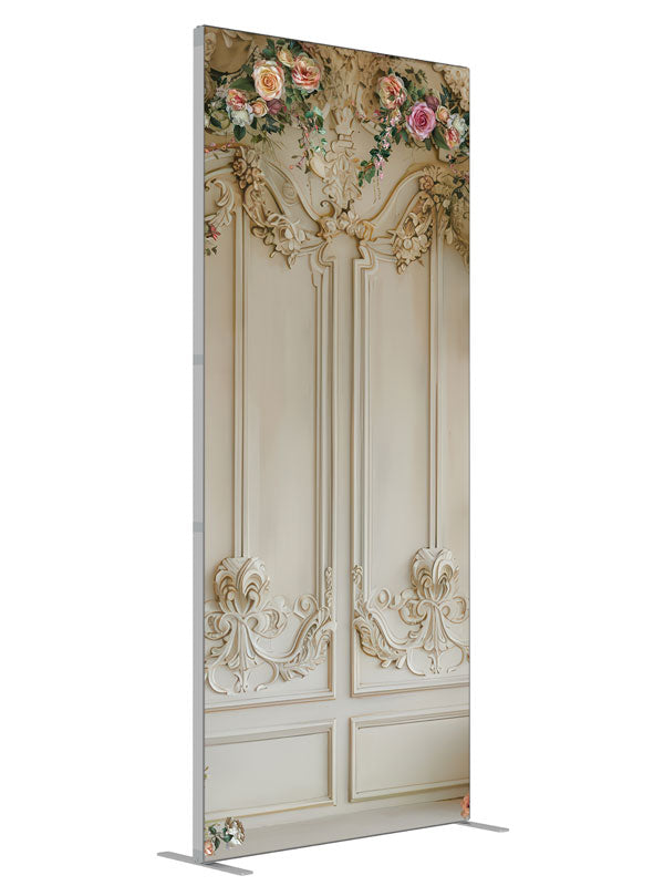 Elegant Spring Chateau Floral shown at an angled view, photography backdrop panel for Denny StudioEdge silicone edge frame, 3 ft