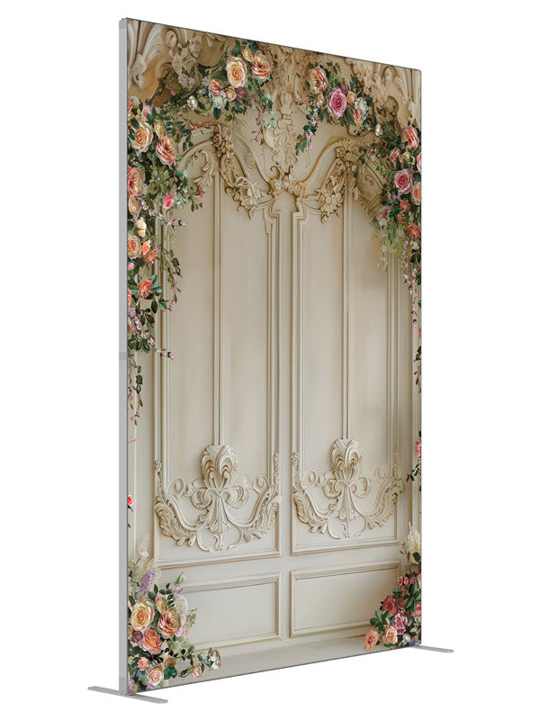 Elegant Spring Chateau Floral shown at an angled view, photography backdrop panel for Denny StudioEdge silicone edge frame, 5 ft