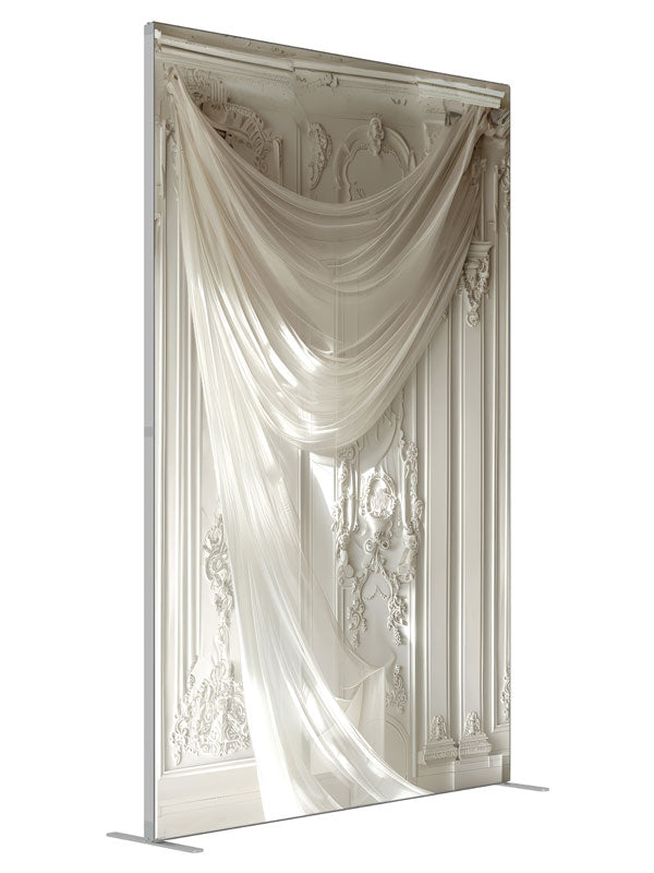 Elegant White Classical Panel shown at an angled view, photography backdrop panel for Denny StudioEdge silicone edge frame, 5 ft
