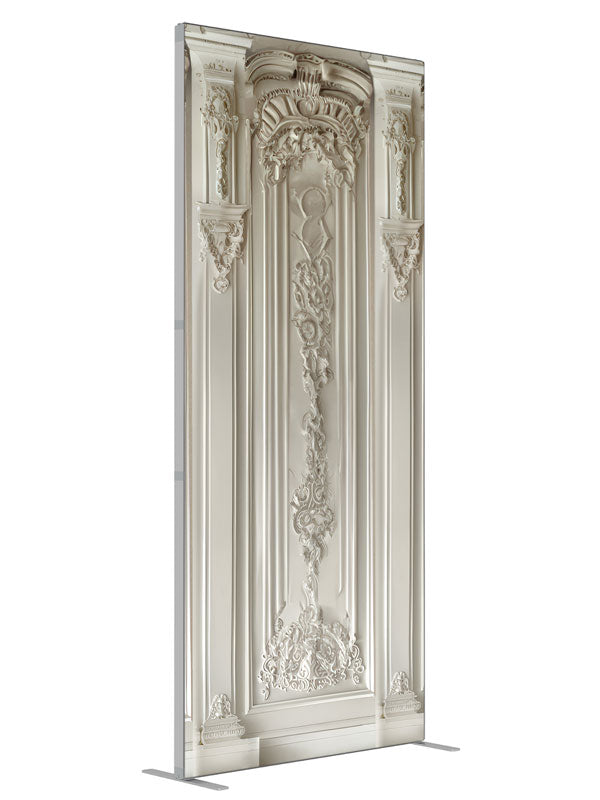 Elegant White Classical Panel Wall shown at an angled view, photography backdrop panel for Denny StudioEdge silicone edge frame, 3 ft