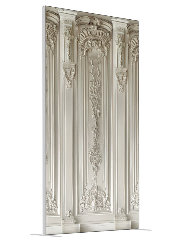 Elegant White Classical Panel Wall shown at an angled view, photography backdrop panel for Denny StudioEdge silicone edge frame, 4 ft