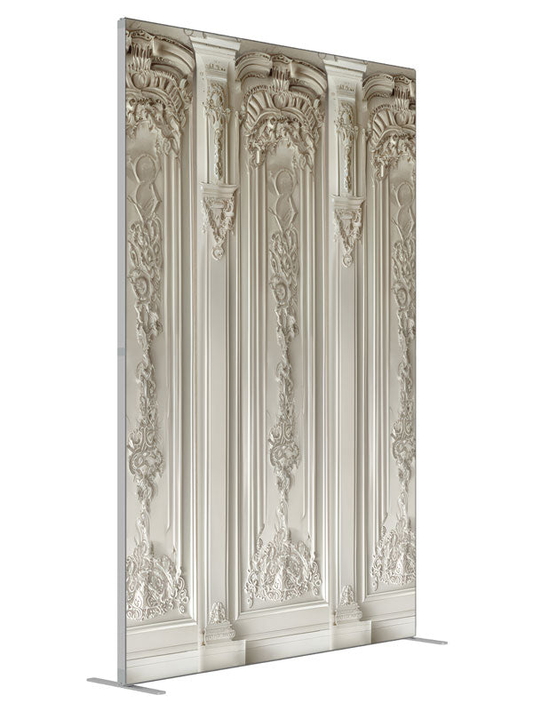 Elegant White Classical Panel Wall shown at an angled view, photography backdrop panel for Denny StudioEdge silicone edge frame, 5 ft