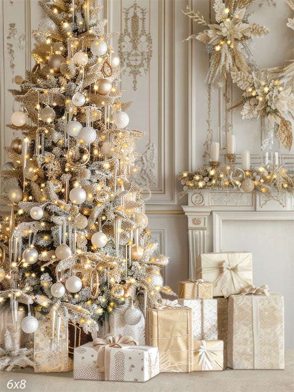 Gold and white Christmas tree backdrop with wrapped gifts and festive lights, ideal for studio holiday portraits and mini sessions