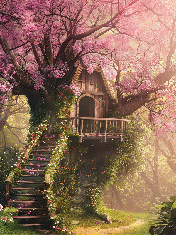 Vertical fantasy photography backdrop featuring a magical treehouse wrapped in pink blossoms and climbing vines, ideal for fairy-tale styled portraits.