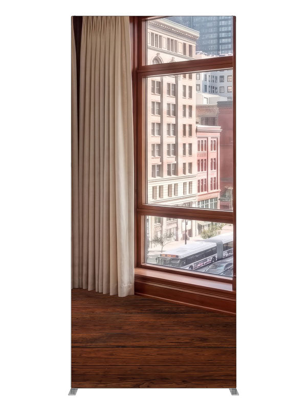 A traditional cherry-wood office corner with windows over a classic masonry downtown street, 3ft photography backdrop panel for Denny StudioEdge silicone edge frame