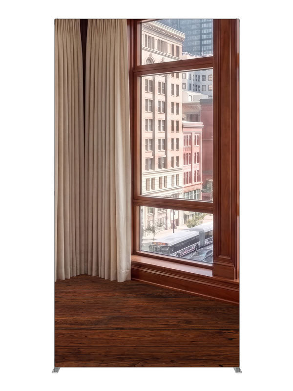 A traditional cherry-wood office corner with windows over a classic masonry downtown street, 4ft photography backdrop panel for Denny StudioEdge silicone edge frame