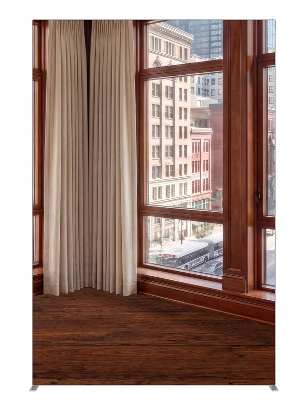 A traditional cherry-wood office corner with windows over a classic masonry downtown street, 5ft photography backdrop panel for Denny StudioEdge silicone edge frame