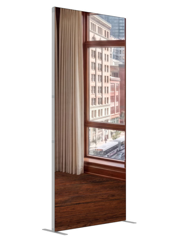 A traditional cherry-wood office corner with windows over a classic masonry downtown street, 3ft photography backdrop panel for Denny StudioEdge silicone edge frame, angled view