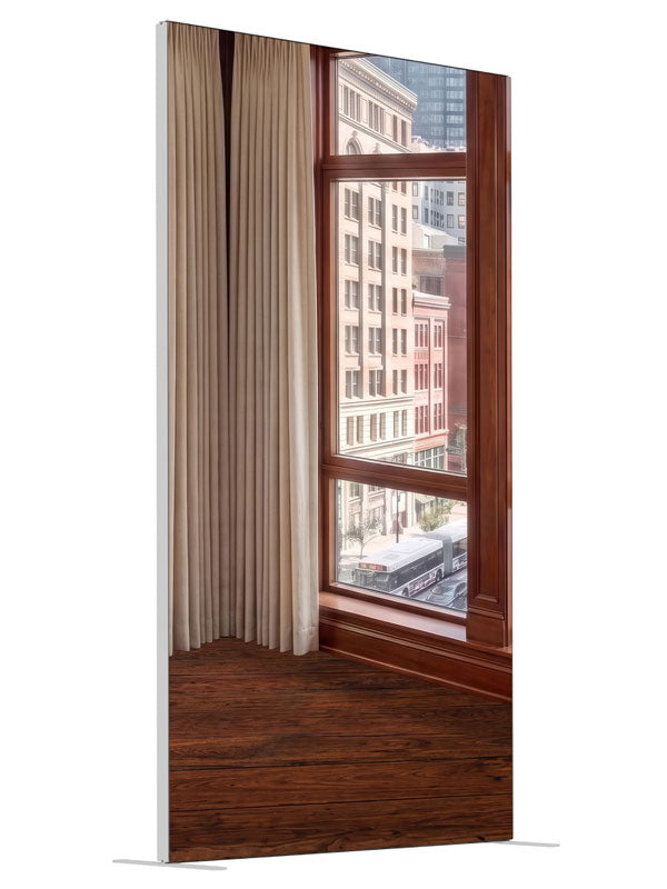 A traditional cherry-wood office corner with windows over a classic masonry downtown street, 4ft photography backdrop panel for Denny StudioEdge silicone edge frame, angled view