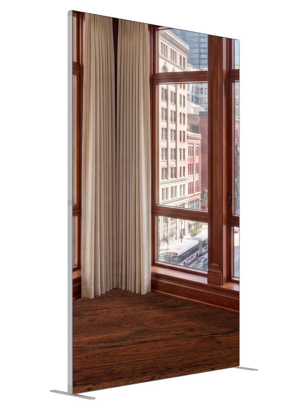 A traditional cherry-wood office corner with windows over a classic masonry downtown street, 5ft photography backdrop panel for Denny StudioEdge silicone edge frame, angled view
