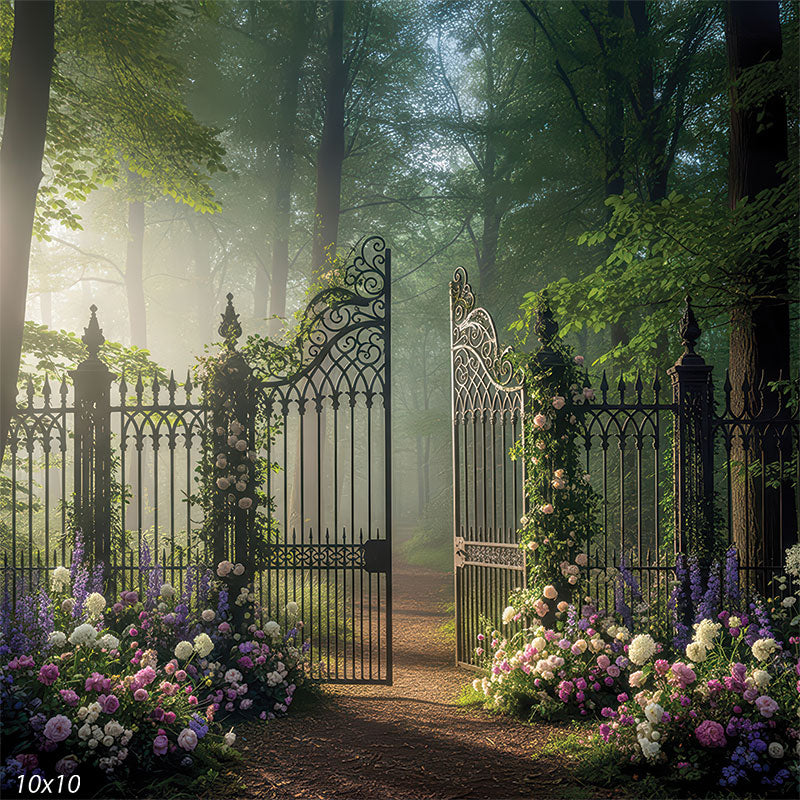 Hydrangeas and delphiniums frame an ornate gate as golden beams filter through the trees for an ethereal glow.