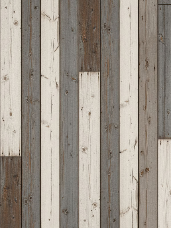 Close view of a rustic plank floor pattern with alternating driftwood gray, whitewashed, and deep brown boards, showing realistic knots and grain for a farmhouse look.