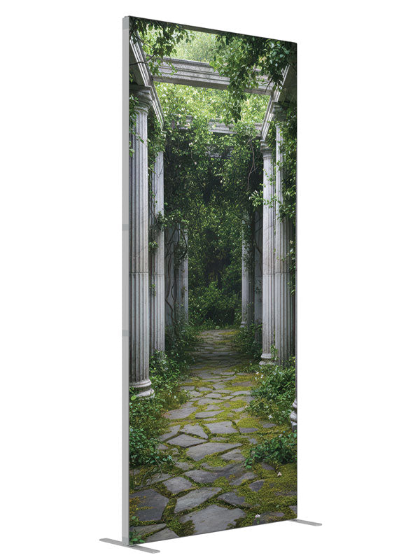 Fenrick Overgrown Ivy Column Walkway shown at an angled view, photography backdrop panel for Denny StudioEdge silicone edge frame, 3 ft