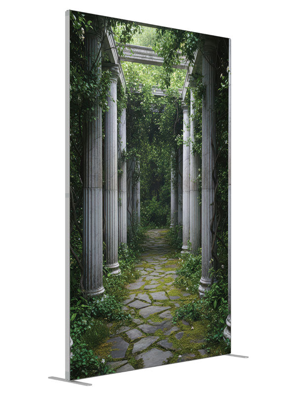 Fenrick Overgrown Ivy Column Walkway shown at an angled view, photography backdrop panel for Denny StudioEdge silicone edge frame, 5 ft