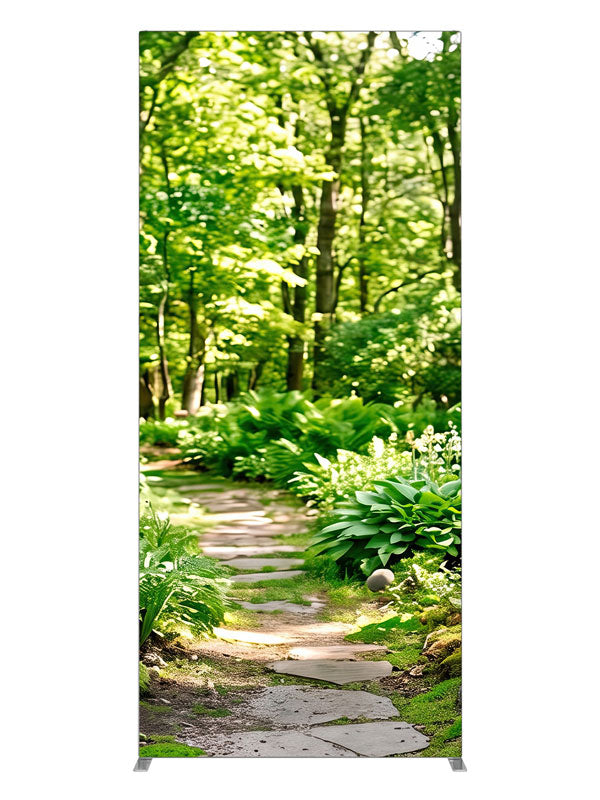 Flagstone path winding through a sunlit green woodland of ferns, hostas and slender trunks, 3ft photography backdrop panel for Denny StudioEdge silicone edge frame
