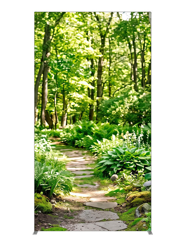 Flagstone path winding through a sunlit green woodland of ferns, hostas and slender trunks, 4ft photography backdrop panel for Denny StudioEdge silicone edge frame