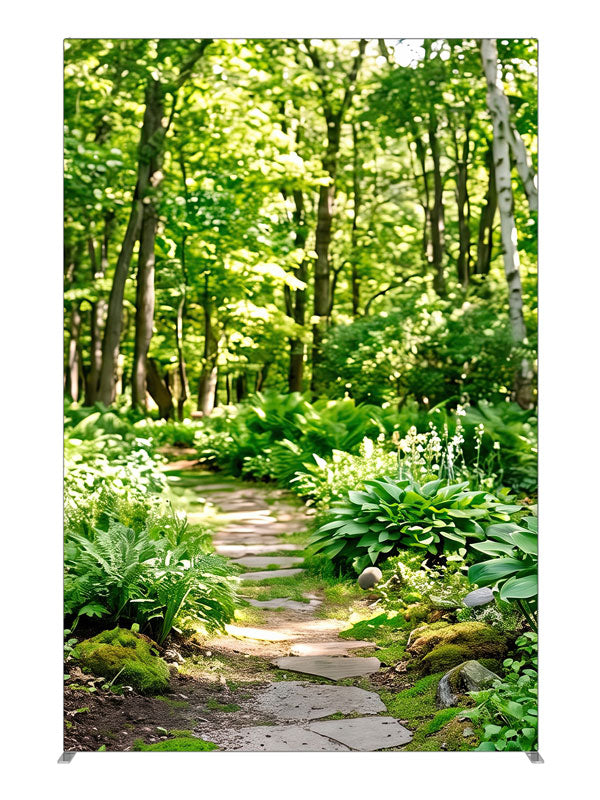 Flagstone path winding through a sunlit green woodland of ferns, hostas and slender trunks, 5ft photography backdrop panel for Denny StudioEdge silicone edge frame