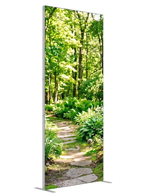 Flagstone path winding through a sunlit green woodland of ferns, hostas and slender trunks, 3ft photography backdrop panel for Denny StudioEdge silicone edge frame, angled view