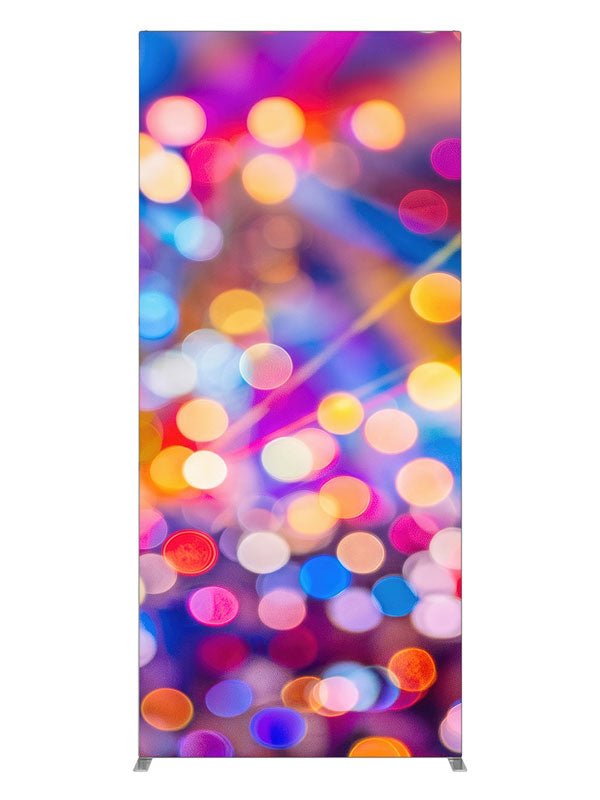 A field of multicolored out-of-focus light orbs and diagonal beams evoking festival lighting, 3ft photography backdrop panel for Denny StudioEdge silicone edge frame