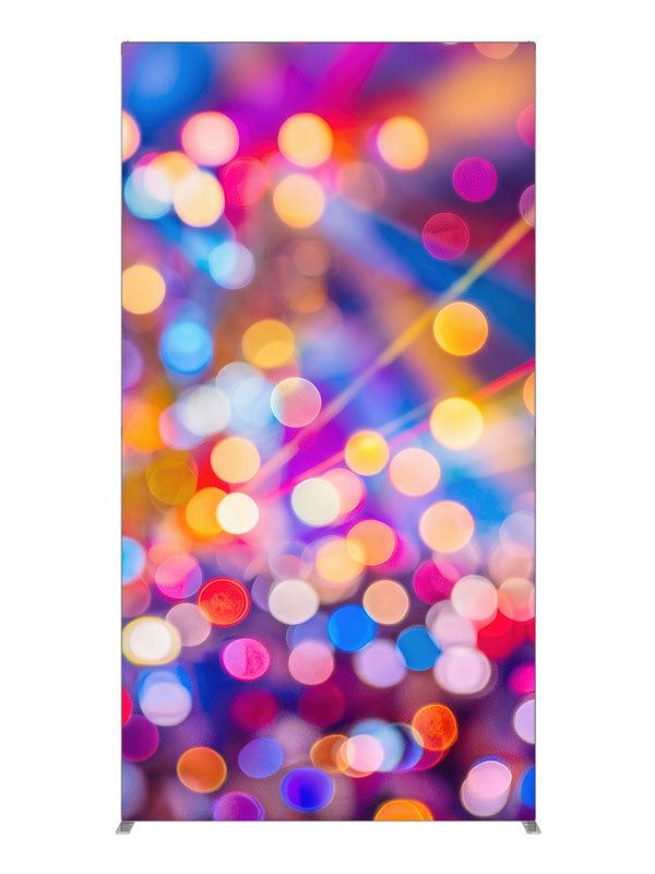 A field of multicolored out-of-focus light orbs and diagonal beams evoking festival lighting, 4ft photography backdrop panel for Denny StudioEdge silicone edge frame