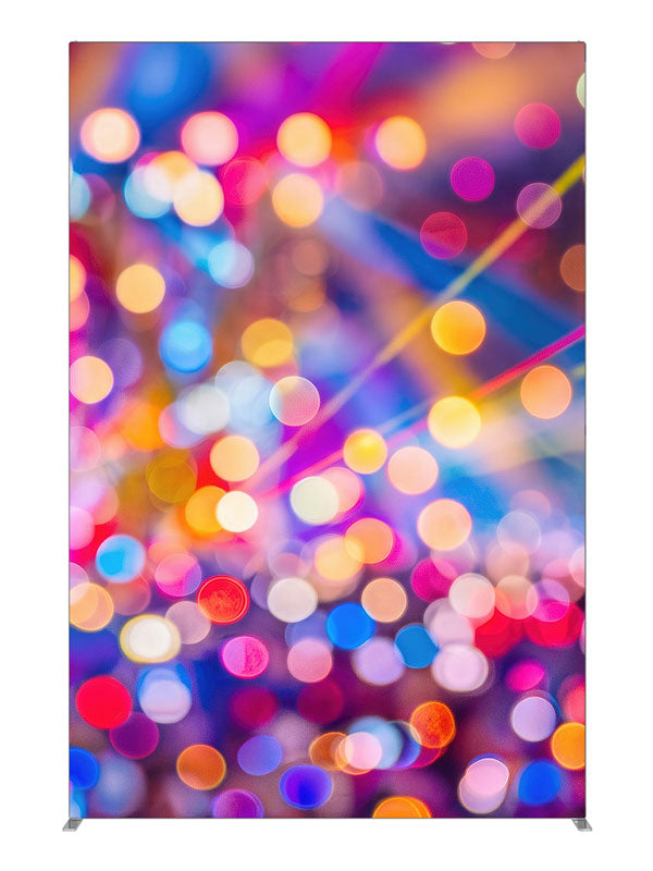 A field of multicolored out-of-focus light orbs and diagonal beams evoking festival lighting, 5ft photography backdrop panel for Denny StudioEdge silicone edge frame