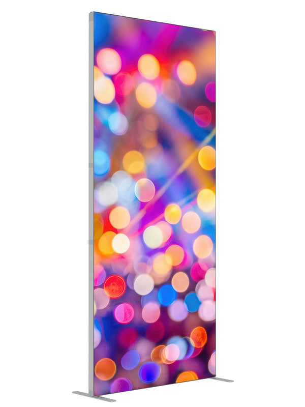 A field of multicolored out-of-focus light orbs and diagonal beams evoking festival lighting, 3ft photography backdrop panel for Denny StudioEdge silicone edge frame, angled view