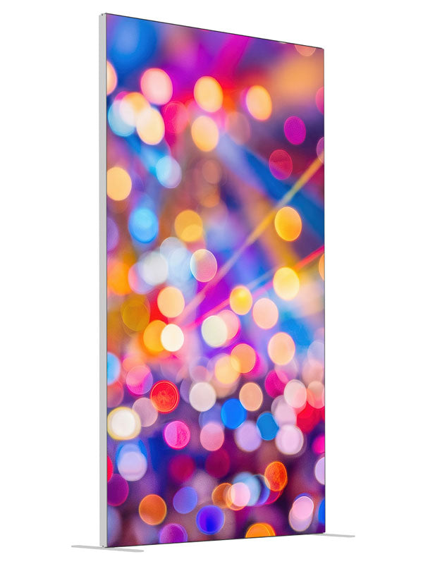 A field of multicolored out-of-focus light orbs and diagonal beams evoking festival lighting, 4ft photography backdrop panel for Denny StudioEdge silicone edge frame, angled view