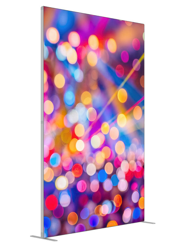 A field of multicolored out-of-focus light orbs and diagonal beams evoking festival lighting, 5ft photography backdrop panel for Denny StudioEdge silicone edge frame, angled view