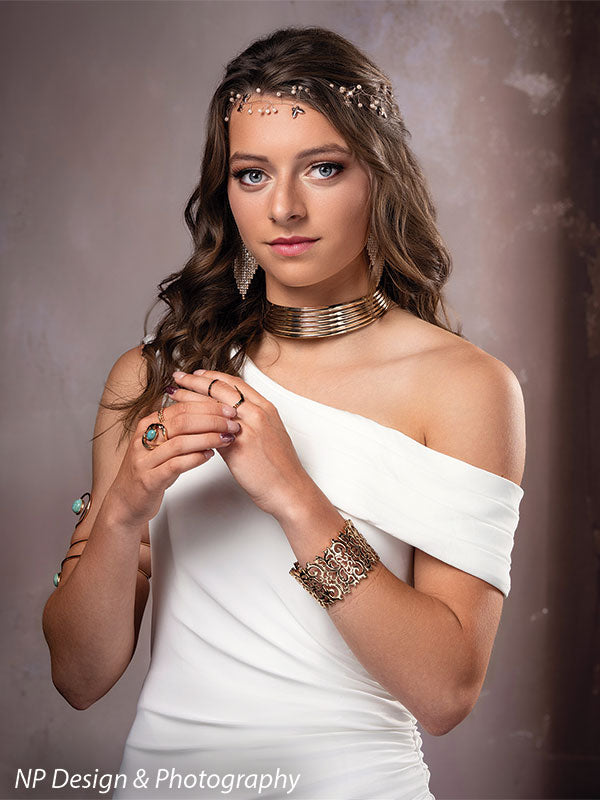 French beige foyer photography backdrop shown with a young woman in a white gown with gold jewelry in a close-up pose CP-8500