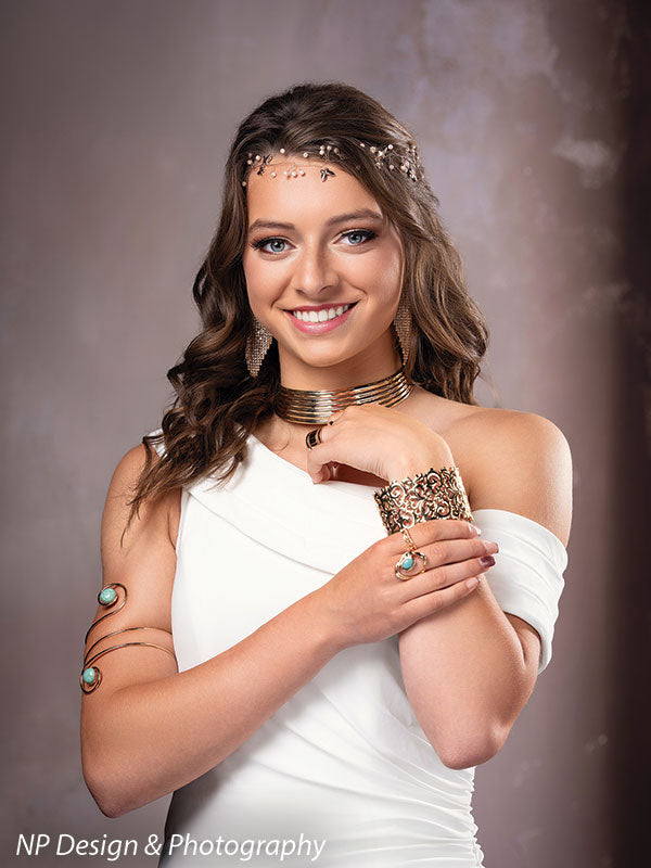 French beige foyer photography backdrop shown with a young woman in an off-shoulder white gown in a close portrait, smiling CP-8500