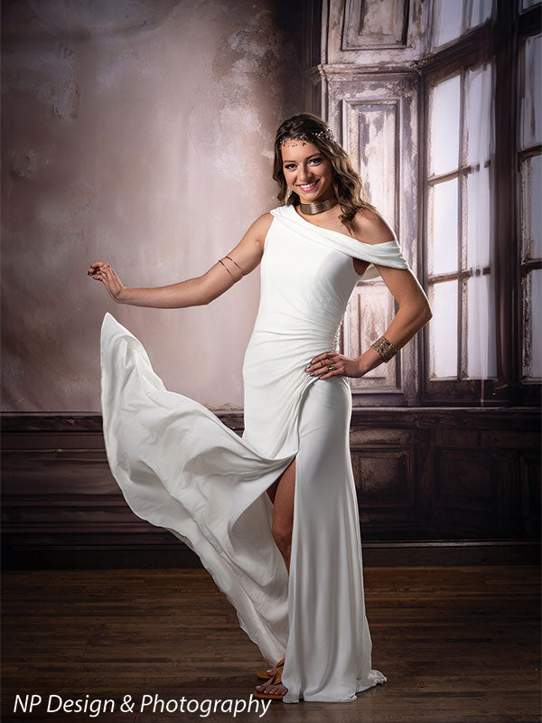 French beige foyer photography backdrop shown with a young woman in a white gown tossed into a dynamic full-length pose CP-8500