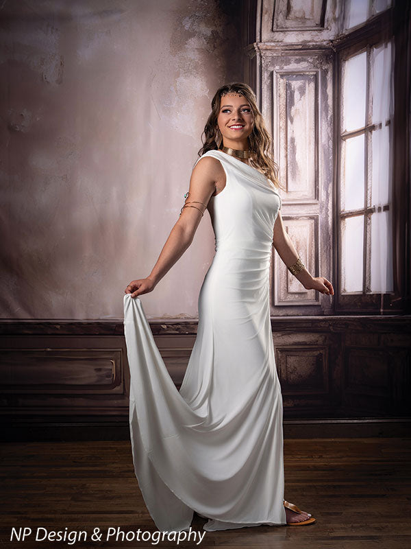 French beige foyer photography backdrop shown with a young woman in a white gown holding her skirt out in a walking pose CP-8500