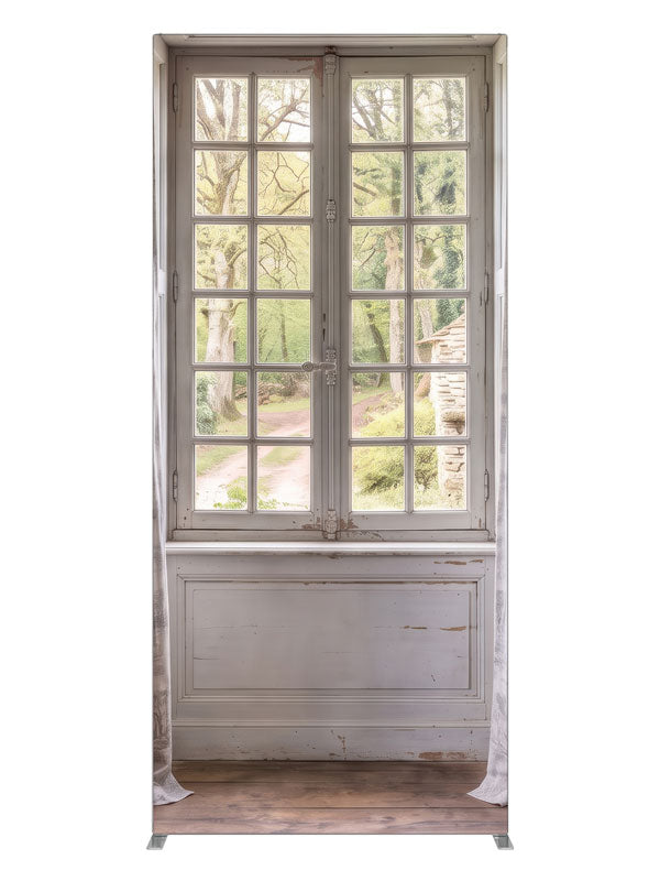 A pale blue-gray French country room with a window onto a spring garden and stone cottage, 3ft photography backdrop panel for Denny StudioEdge silicone edge frame