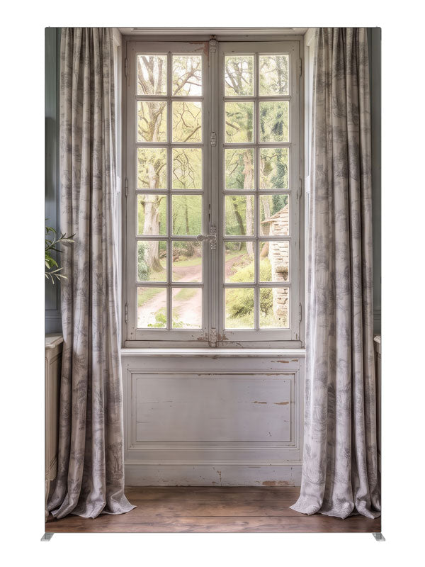 A pale blue-gray French country room with a window onto a spring garden and stone cottage, 5ft photography backdrop panel for Denny StudioEdge silicone edge frame