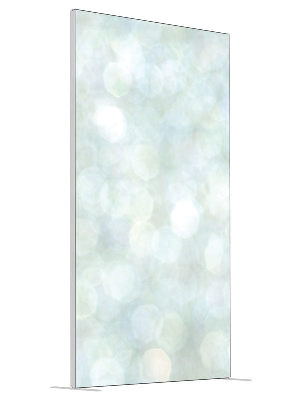 Frozen Blue Bokeh shown at an angled view, photography backdrop panel for Denny StudioEdge silicone edge frame, 4 ft