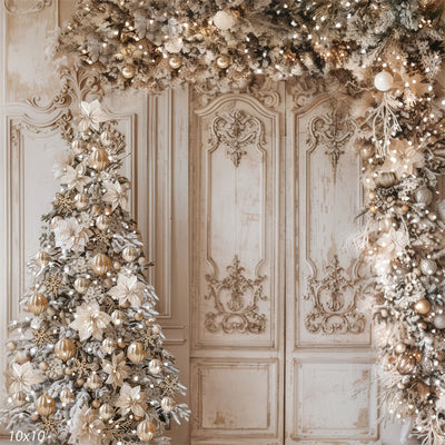 Full rustic Christmas backdrop featuring frosted tree, golden garland, and antique paneled doors—great for festive family or mini sessions