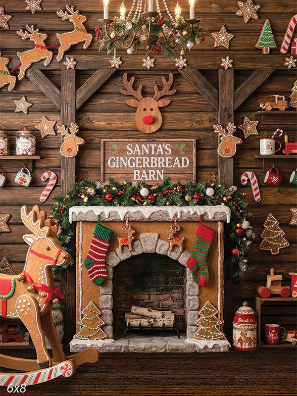 Santa's gingerbread barn stone fireplace Christmas photography backdrop CP-8877