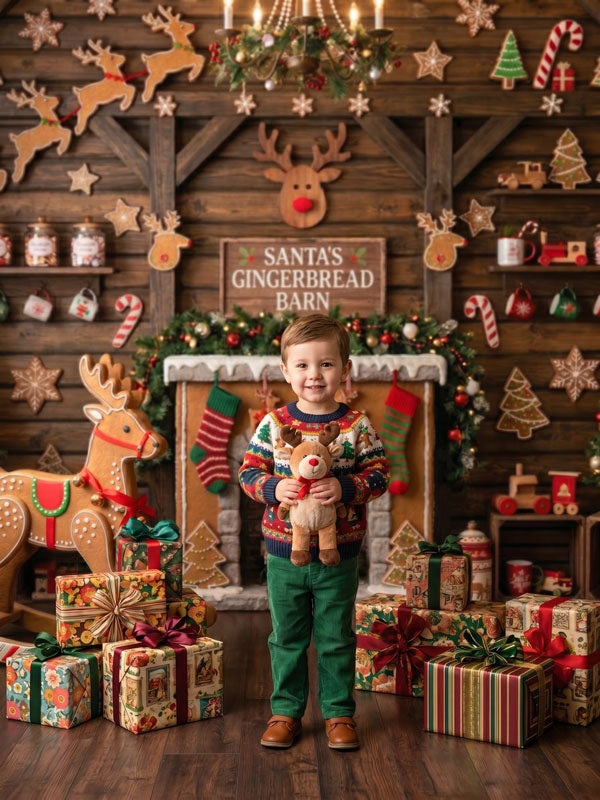 Ginger Lodge Santa's gingerbread barn with stone fireplace photography backdrop shown with a young boy in a reindeer sweater holding a plush reindeer CP-8877