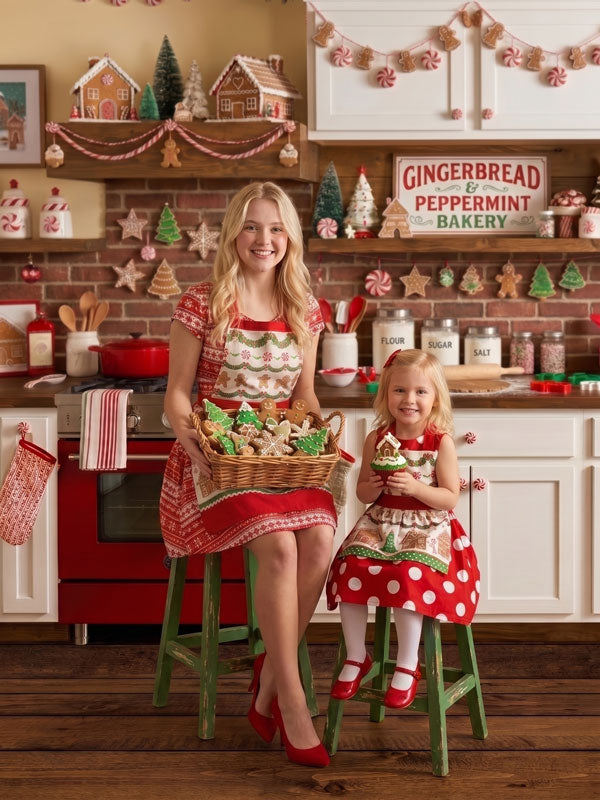Ginger Street gingerbread bakery kitchen photography backdrop shown with a mother and young daughter in matching aprons holding a basket of Christmas cookies CP-8876