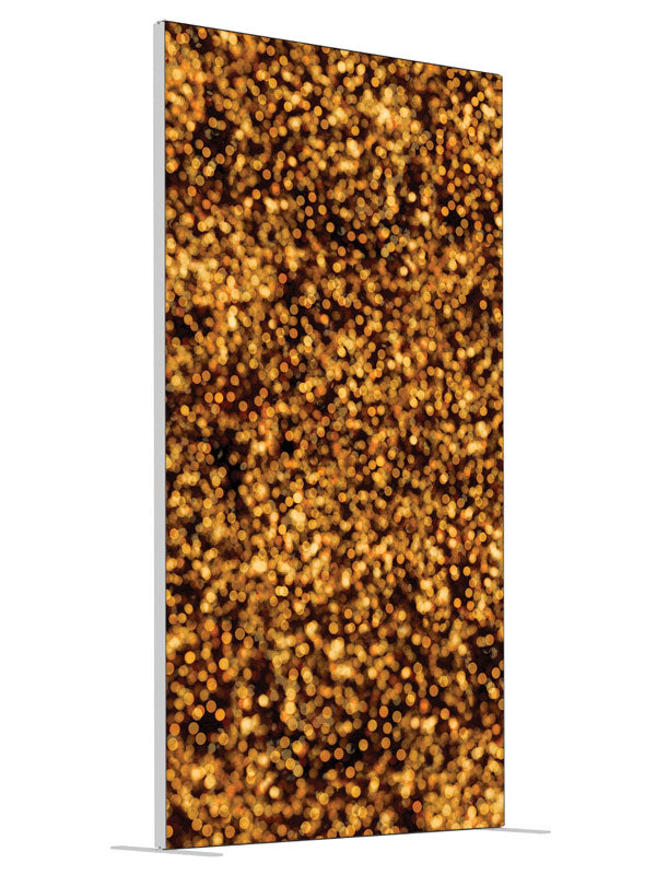 Gold Bokeh Glitter shown at an angled view, photography backdrop panel for Denny StudioEdge silicone edge frame, 4 ft