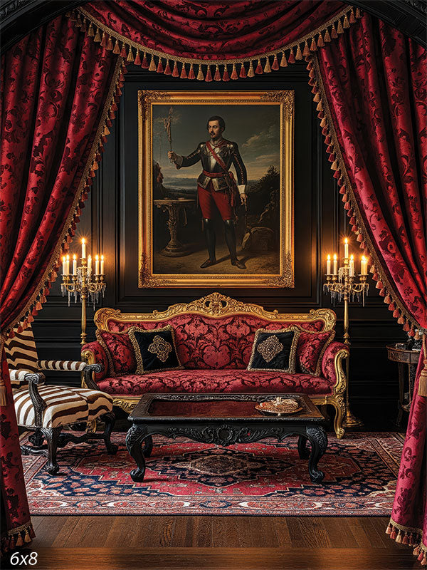Ornate red velvet drapes, carved wood arch, and a regal sofa create a gothic parlor scene backdrop