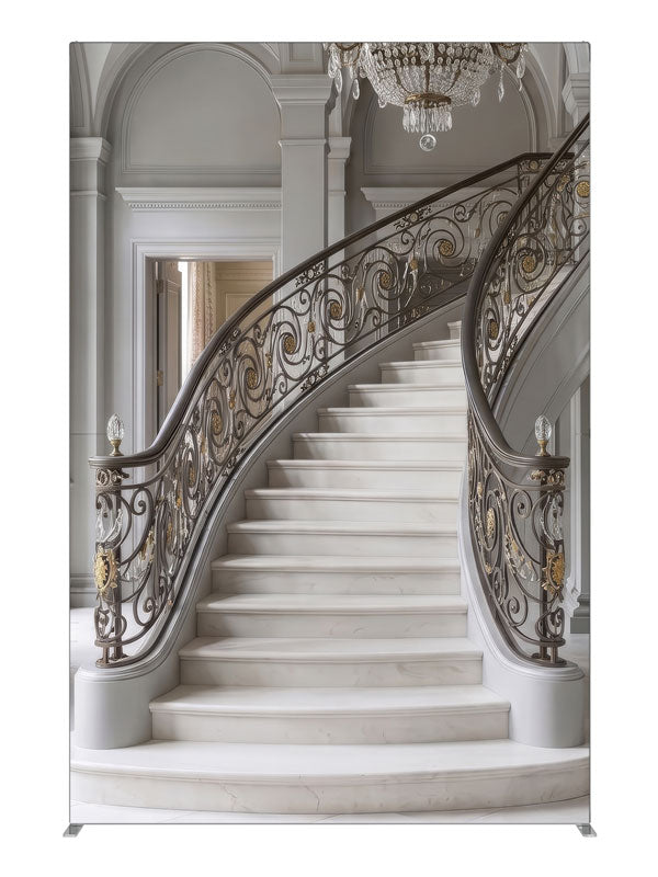 A grand curved gray marble staircase with bronze-and-gold iron railings and a crystal chandelier, 5ft photography backdrop panel for Denny StudioEdge silicone edge frame
