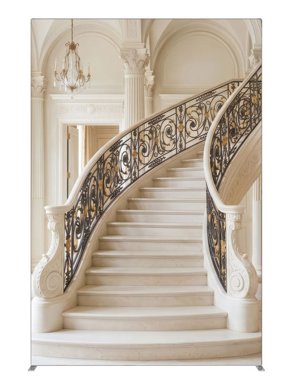 A palatial ivory marble curved staircase with black-and-gold iron railings in a vaulted neoclassical hall, 5ft photography backdrop panel for Denny StudioEdge silicone edge frame