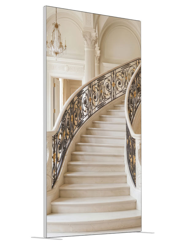 A palatial ivory marble curved staircase with black-and-gold iron railings in a vaulted neoclassical hall, 4ft photography backdrop panel for Denny StudioEdge silicone edge frame, angled view