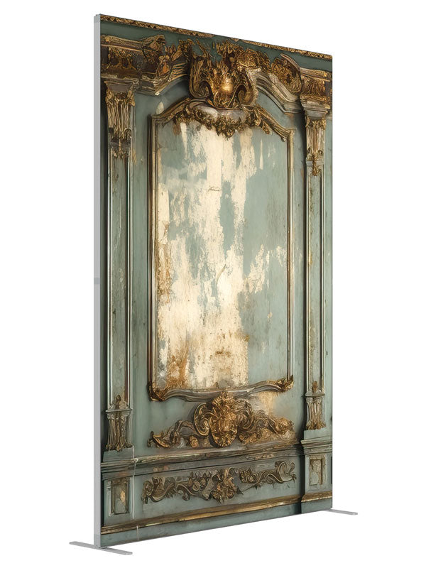 Grand Memories Vintage Ornate Wall shown at an angled view, photography backdrop panel for Denny StudioEdge silicone edge frame, 5 ft