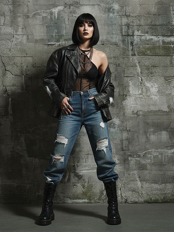 Woman with short black bob haircut wearing a black leather jacket, sheer top, ripped blue jeans, and black boots stands with legs apart against a gray industrial concrete wall backdrop.