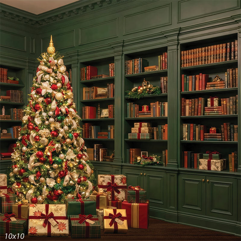 green Christmas library studio background with bookshelves and tree CP-8882