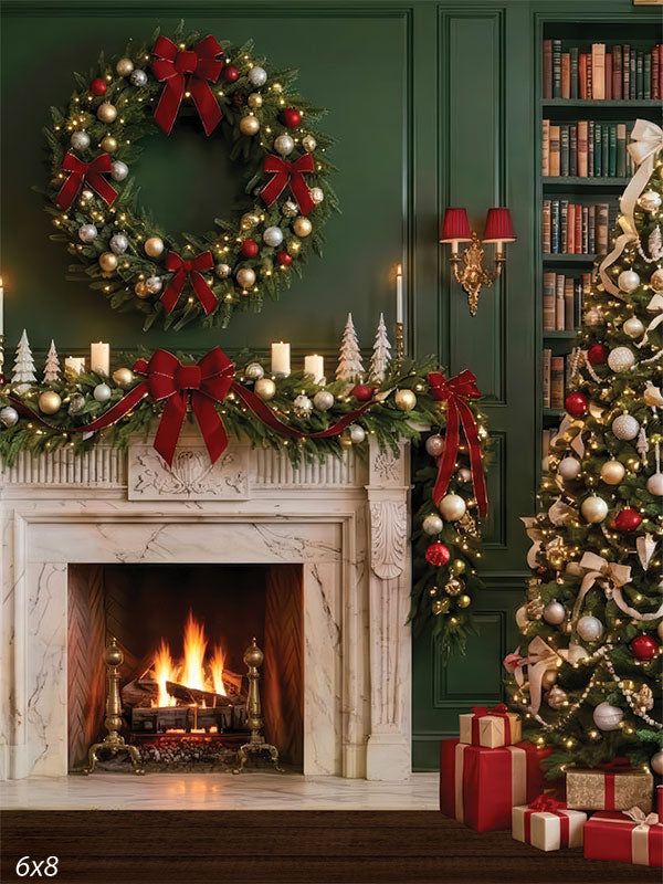 green Christmas room marble fireplace photography backdrop CP-8884